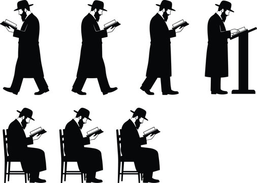  Orthodox Jewish man silhouettes reading Torah, religious study poses, black figures collection, spiritual practice, traditional attire, isolated illustration, faith concept
