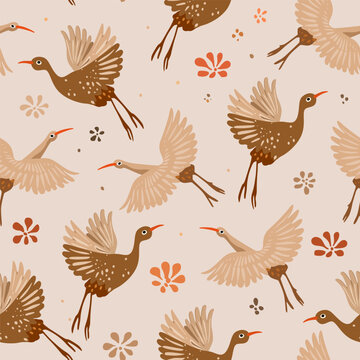 A beautiful floral vector folk pattern. A beige decorative bird print