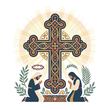 Illustration of a woman praying beside a large cross with candles on a decorative background for Coptic Good Friday or Good Friday, symbolizing faith and spirituality.