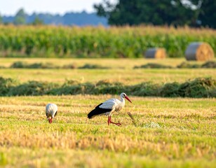 Fototapeta premium Two storks in a mown field with hay bales in the background at golden hour