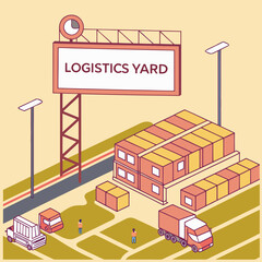 Fototapeta premium Isometric illustration of a logistics yard with stacked cargo containers, trucks, and workers overseeing operations, supply chain