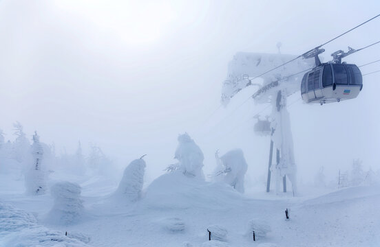 Scenic cable cars flying over a forest of Juhyo (ice trees or snow monsters) on the slope covered by heavy snow under cloudy sky in Zao hot spring & ski resort on a foggy winter day in Yamagata, Japan