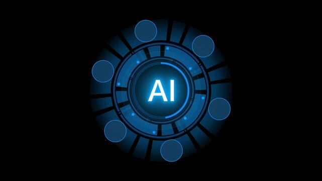 Artificial intelligence or ai concept. Futuristic icon design and graphics over hand with table. holographic advanced HUD circle platform . on transparent background.