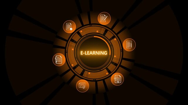 Professional holds a tablet with holographic e-learning icons .magnifier circle interface. Digital search, audit, and file verification for corporate data management and compliance. on transparent.