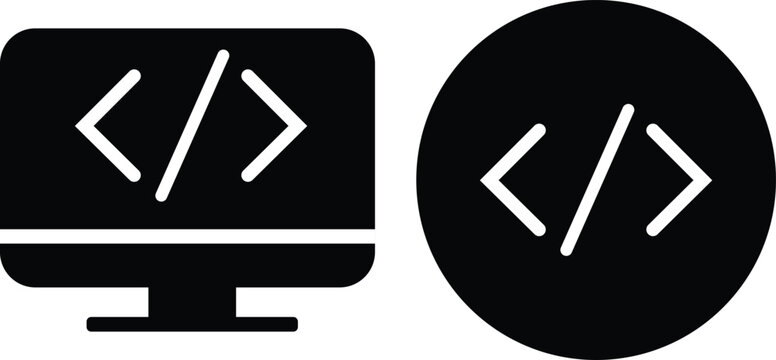 flat glyph style black icons of desktop monitor and circle with html code tag symbol for web development programming and software design