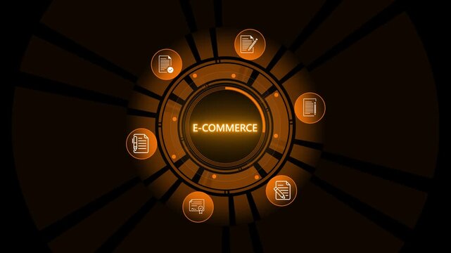 Professional holds a tablet with holographic e-commerce icons .magnifier circle interface. Digital search, audit, and file verification for corporate data management and compliance. on transparent.