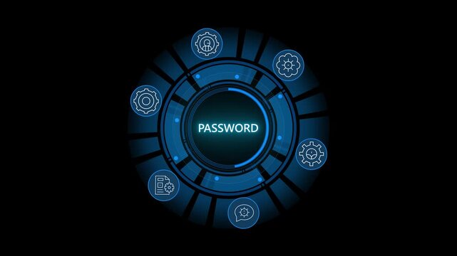 Abstract digital finance concept with password icons and concentric circles. safety concept motion animated on transparent.