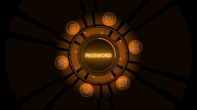 Abstract digital finance concept with password icons and concentric circles. safety concept motion animated on transparent.