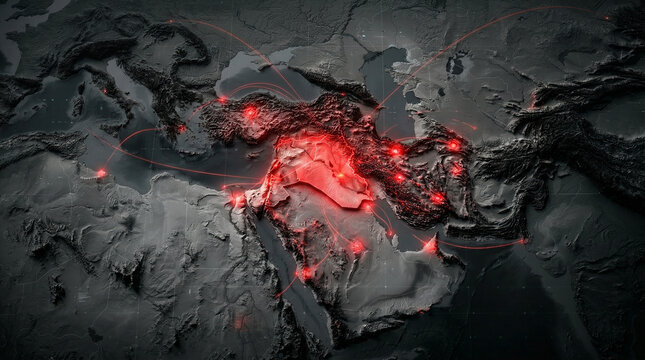Aerial view of the middle east region highlighted with red glowing points of interest with digital art with danger zone with crisis area with crisis map with conflict zone with danger signal