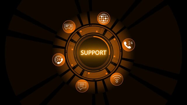 Business professional interacts with holographic 24 7 support interface. Digital icons for phone, email, messaging, technical settings and processor automation. Round the clock helpdesk