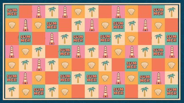 Summer Mosaic Pattern. A vibrant 4K loop featuring a colorful grid of lighthouses, palm trees, shells, and "Summer" text. The mosaic tiles shift in a rhythmic, playful animation over a dark border.