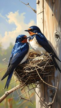 Two swallows perched in a nest attached to a weathered wooden post against a blue sky