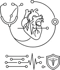 Obraz premium Medical illustration of heart with stethoscope and ECG