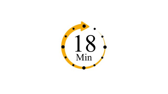 18 Minute Countdown Timer Animated yellow Arrow and black dots,white background with video animation.