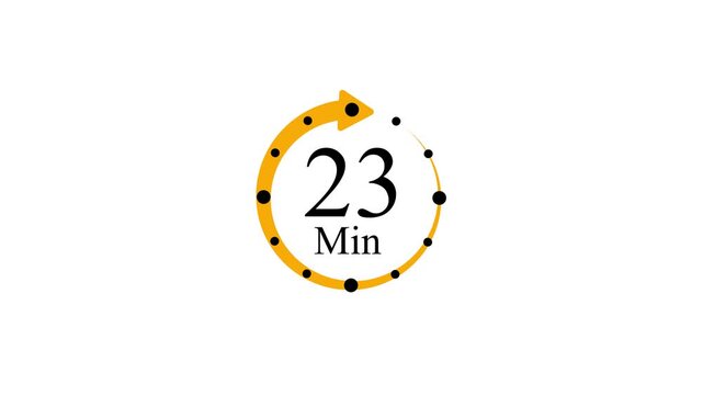 23 Minute Countdown Timer Animated yellow Arrow and black dots,white background with video animation.