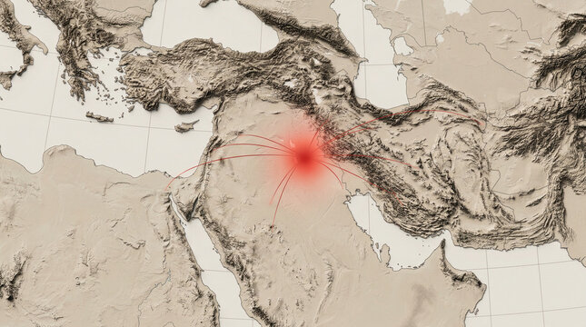 Close-up of the middle east on a textured map with a glowing red marker indicating a focal point with indian ocean with persian gulf with arabian peninsula with mediterranean sea with black sea