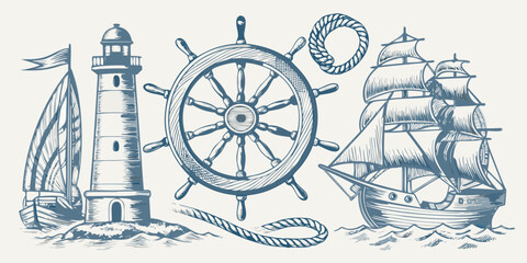 Nautical elements including a lighthouse ship wheel and sailing vessel © Pali