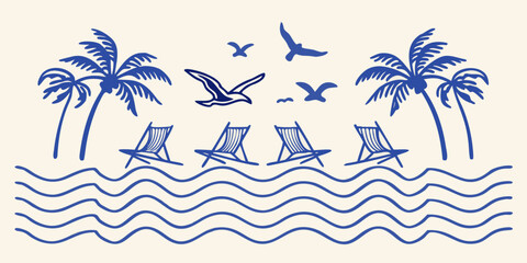 Obraz premium Blue line art depicts a tropical beach scene with palm trees and birds