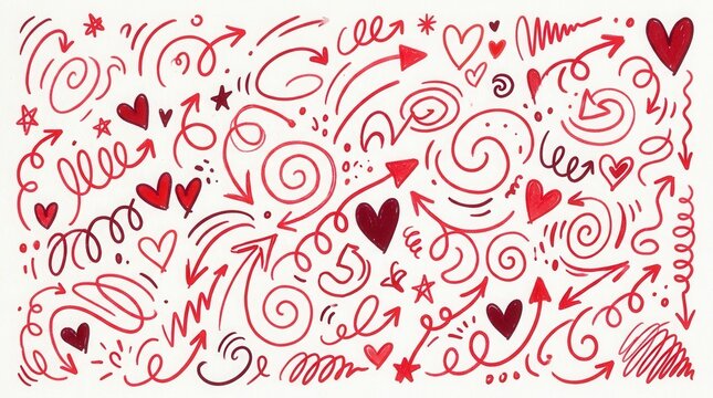 Creative Abstract Illustration of Swirling Hearts and Arrows in Vibrant Red and Black