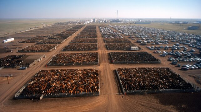 Aerial View of Large Cattle Feedlot Facility with Thousands of Cattle