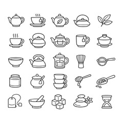Fototapeta premium Tea icons collection: teapots, cups, leaves, and accessories in minimalist line art.
