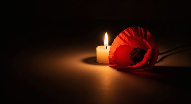 ANZAC Day Candle and Red Poppy &ndash; Lest We Forget Remembrance Concept with Dark Background