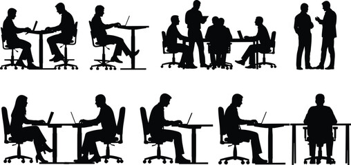 Obraz premium Business teamwork silhouettes, office collaboration illustration, professional workplace design, laptop workers graphic, meeting discussion art, modern corporate vector, productivity concept