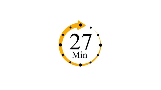 27 Minute Countdown Timer Animated yellow Arrow and black dots,white background with video animation.