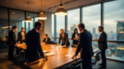 Fototapeta premium Blurred professional business team in a modern office boardroom during a meeting at sunset with city skyline view
