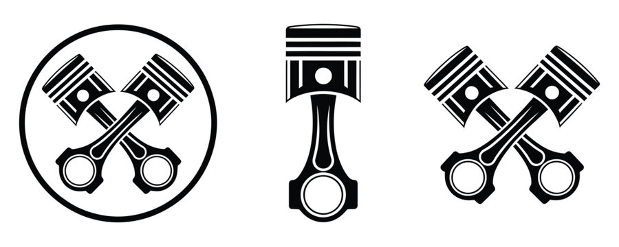 Black and white piston engine icons set on white background
