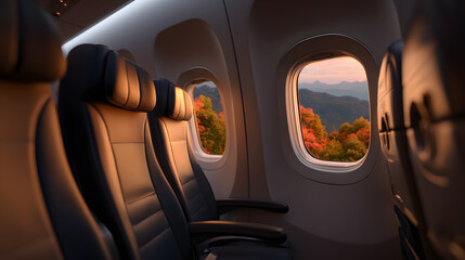 Fototapeta premium Interior View of Airplane Economy Cabin with Passengers Seats and Scenic Sunset Through Window