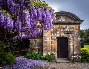 Naklejka premium Stone structure alongside a vibrant wisteria tree, cascading purple flowers and greenery
