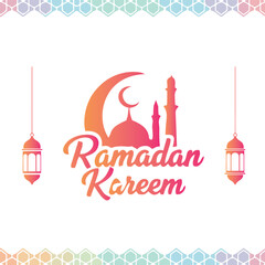 Fototapeta premium Ramadan Kareem, Islamic greeting, colorful crescent moon, mosque silhouette, lanterns