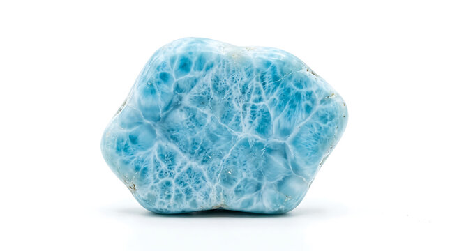 Blue Larimar Gemstone with Unique Web-like Pattern on White Background