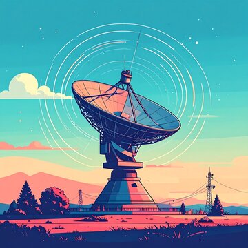 Stylized illustration showcasing a large parabolic antenna under a colorful sky with radiating concentric circles, hinting at communication