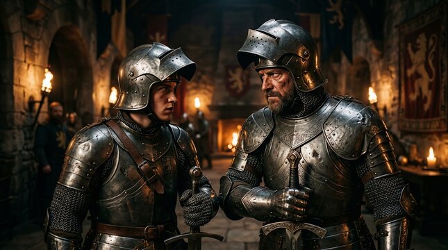 Medieval knights in armor standing in castle hall, historical reenactment scene with dramatic lighting and warrior concept