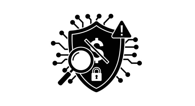 Black shield icon with security symbols.