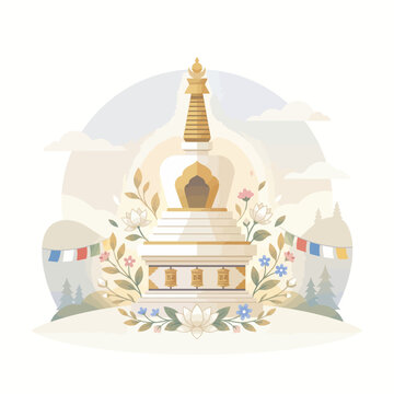 Illustration of a Buddhist stupa with floral decorations and prayer flags in a serene landscape, symbolizing peace and spiritual harmony.