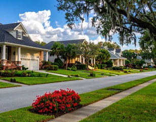 Obraz premium Suburban street with well-manicured lawns, houses, sidewalks, and trees under sunny sky