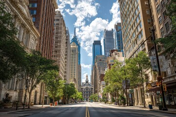 Obraz premium Sunny street buzzes with city life