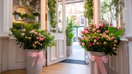 Fototapeta premium Elegant Floral Boutique Entrance with White Wooden Doors and Green Decor