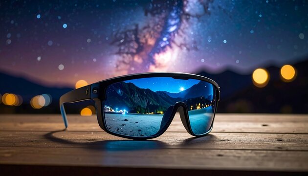 Sunglasses reflect a starry night with a landscape. The glasses sit on a wooden surface, with bokeh lights