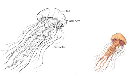 A jellyfish is a soft-bodied marine animal known for its umbrella-shaped bell and long, flowing tentacles. It drifts through oceans worldwide, using gentle pulsations  © TAREEN