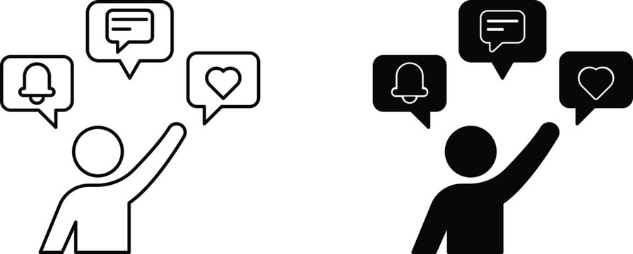 User Interaction Icons Set &ndash; Notification, Message and Like Symbols in Line and Solid Style
