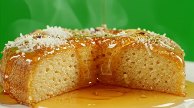 Delicious Greek Ravani Dessert Glazed with Golden Syrup Topped with Pistachios and Coconut Flakes on a White Plate with a Vibrant Green Screen Background