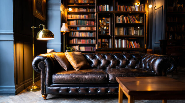 Home library interior featuring a dark brown leather chesterfield sofa, a brass lamp, and wooden bookshelves full of books