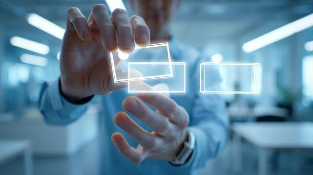 Modern tech laborer selecting futuristic digital interface with glowing rectangles and virtual screen showcasing innovation and advanced technology