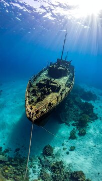 Sun rays stream down onto a sunken vessel resting on a sandy ocean floor. The ship is surrounded by coral