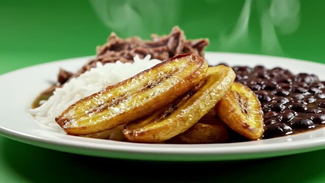 Delicious Pabellon Criollo A Venezuelan National Dish With Shredded Beef Rice Black Beans And Fried Plantains Steam Rising From Food On White Plate Green Background Macro Shot Studio Lighting