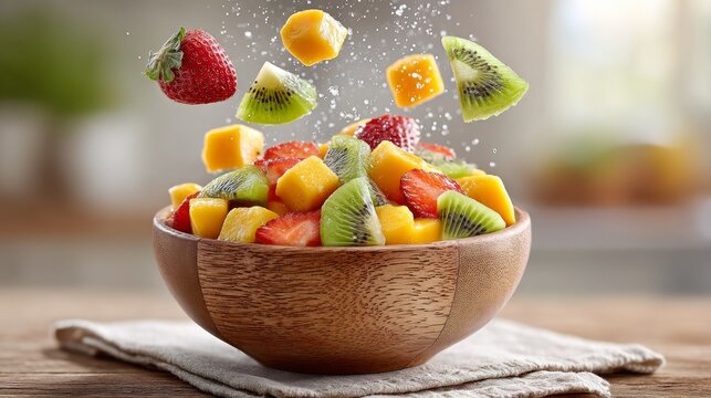 Fresh Tossed Salad with Colorful Fruit Slices in Wooden Bowl